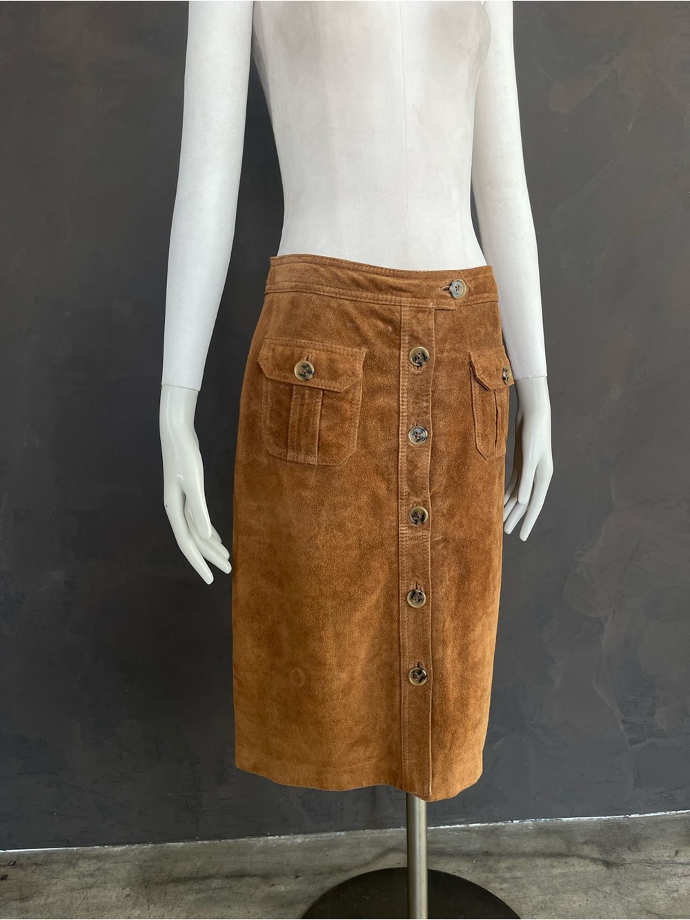 Vintage 2002 GAP Brown Genuine Suede Leather Button Front Midi Skirt Size 4